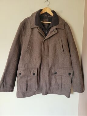 Tasso Elba Men's Wool Blend Winter Field Coat Collared Jacket Brown Size Large